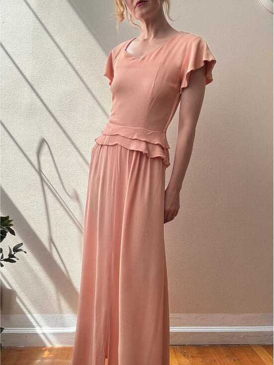 Dresses & Skirts - Vintage 1930s Ballet Pink Silk Crepe Flutter Sleeve Peplum Waist Maxi Dress Gown